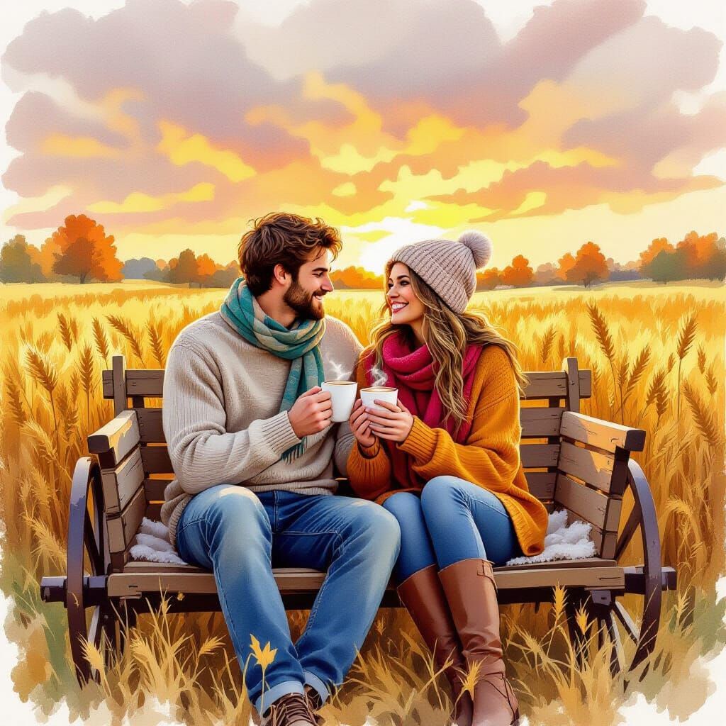 Cozy Couple in Hay Wagon: Autumnal Watercolor