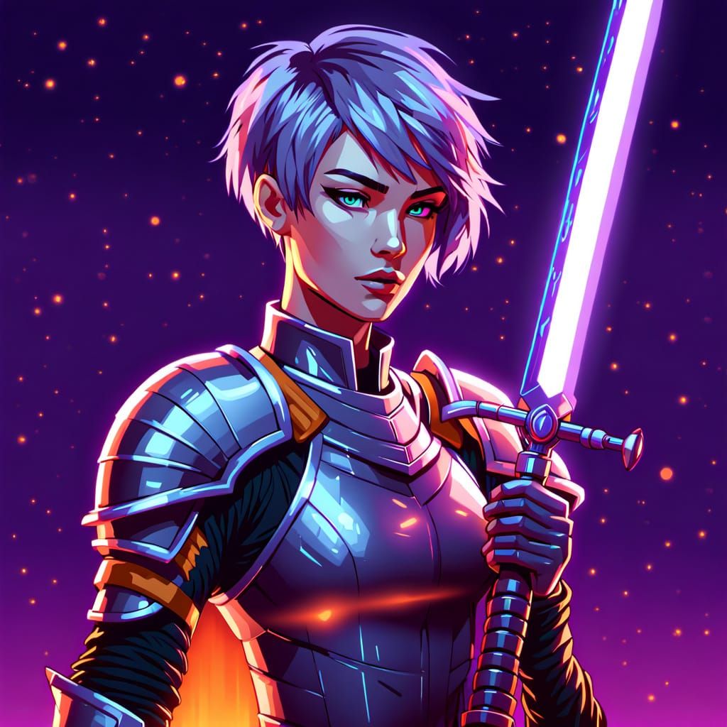 Pixel Art Androgynous Figure with Swords and Neon Accents