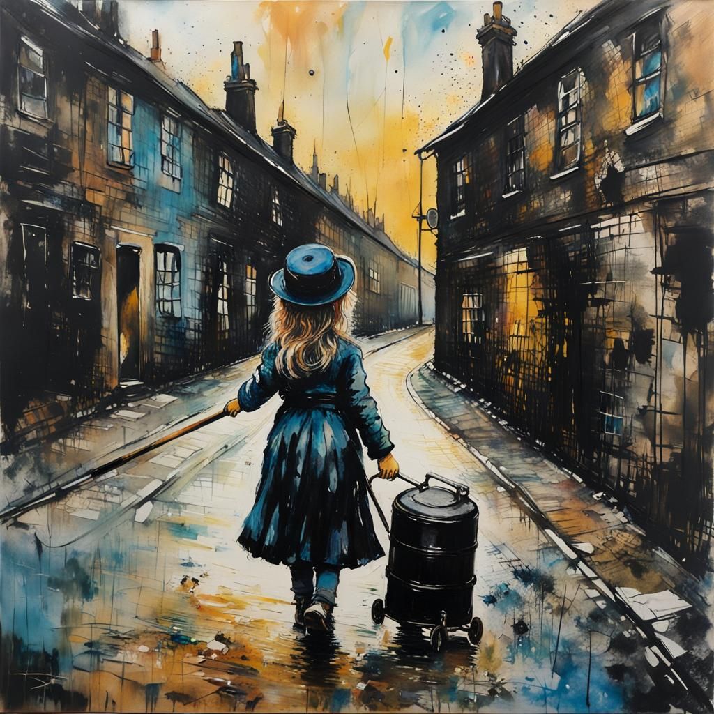 Girl Touches Chimney Sweeper, Encaustic Alcohol Ink Style