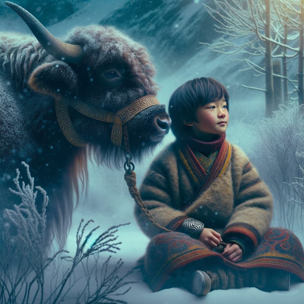 Mongolian Boy and Yak in Winter Fantasy Art
