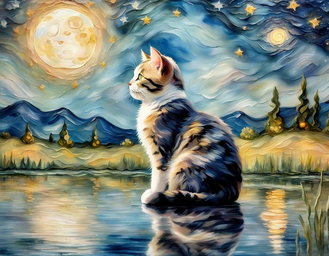 Impressionistic Kitty Contemplates Moonlit Lake