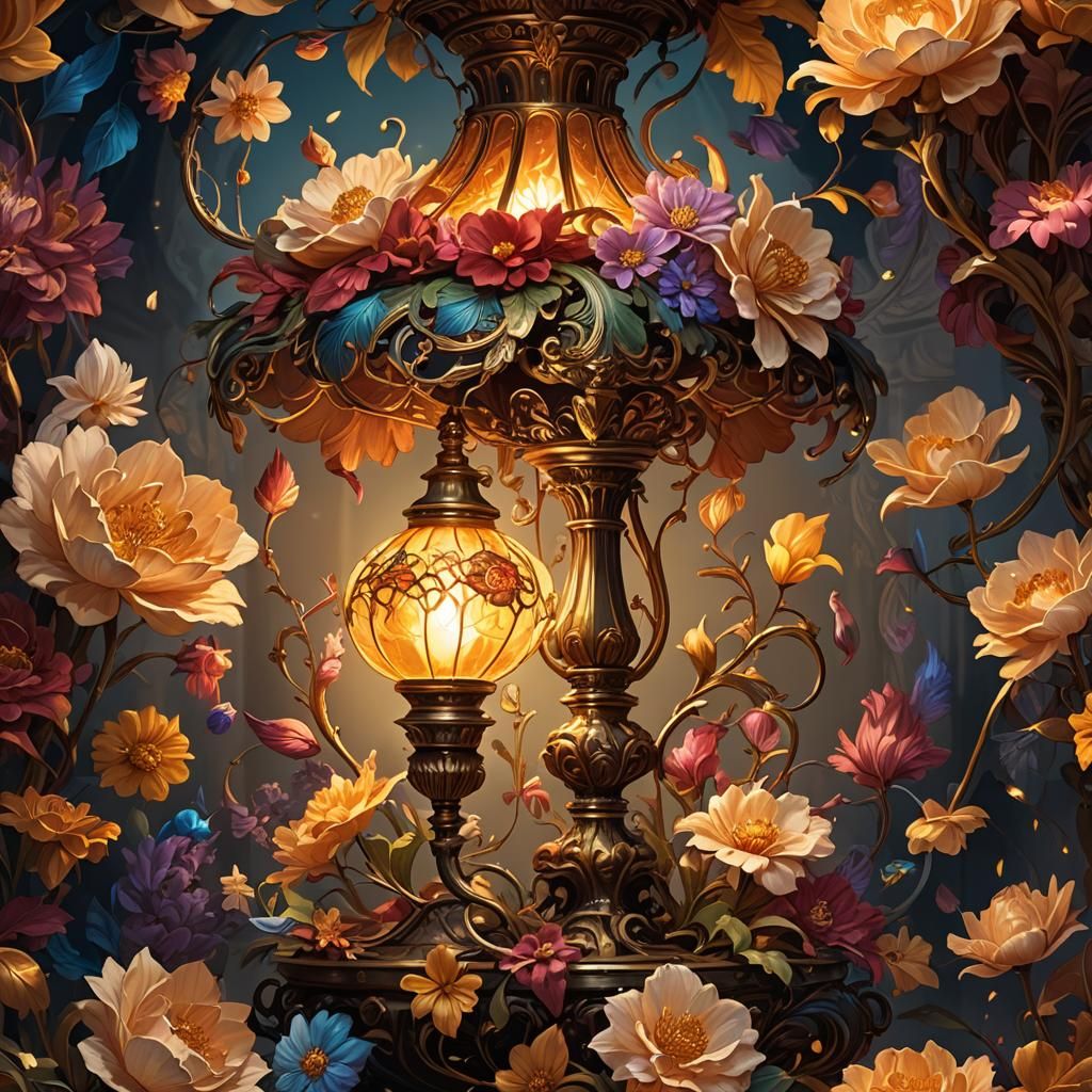 Ornate Lamp Inside Blooming Flower: Fantasy Concept Art