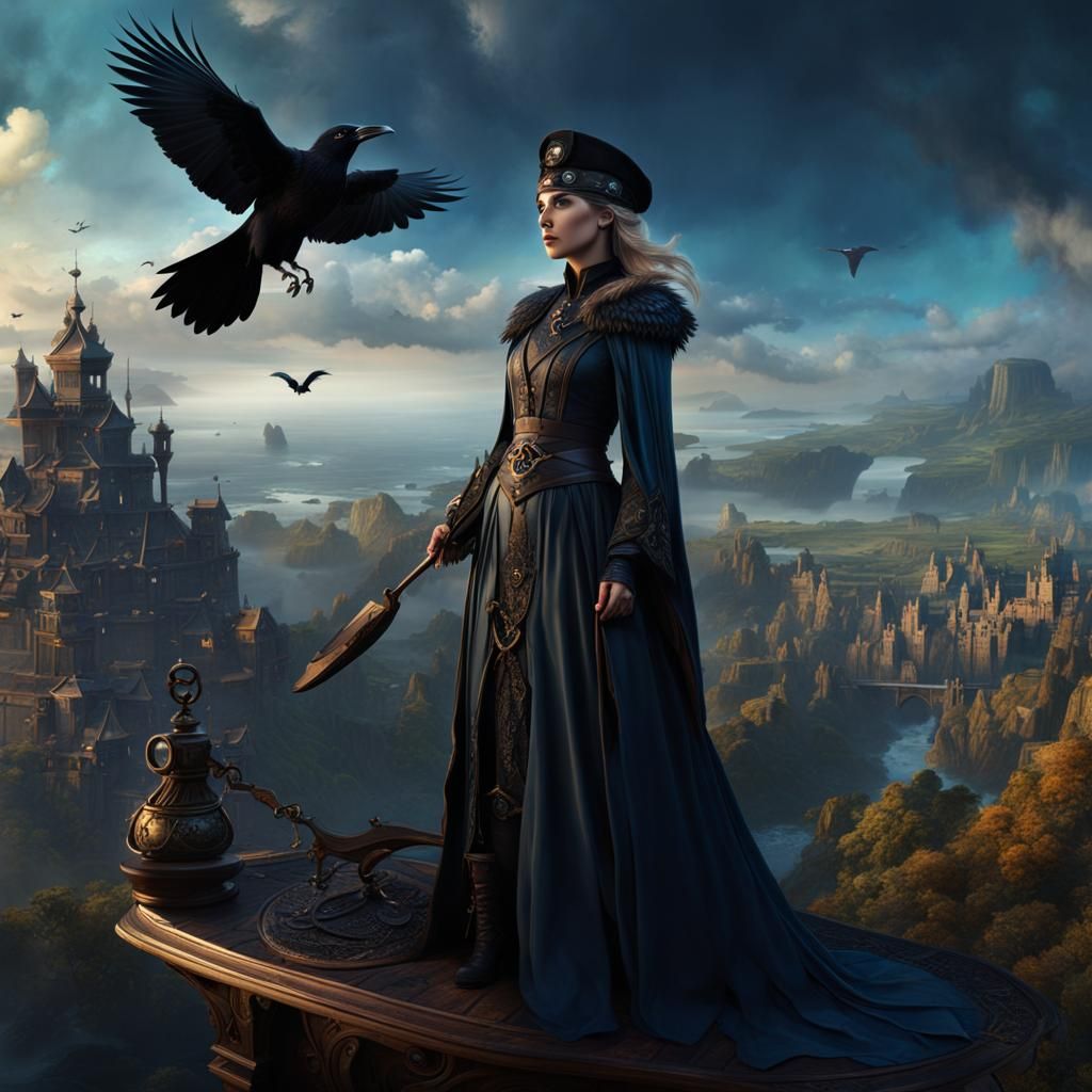 Woman with Eyepatch, Scales, and Raven: Fantasy Art