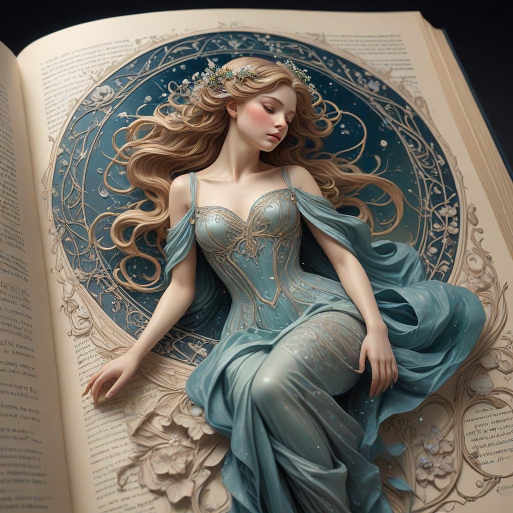Whimsical Art Nouveau Sprite in an Open Book