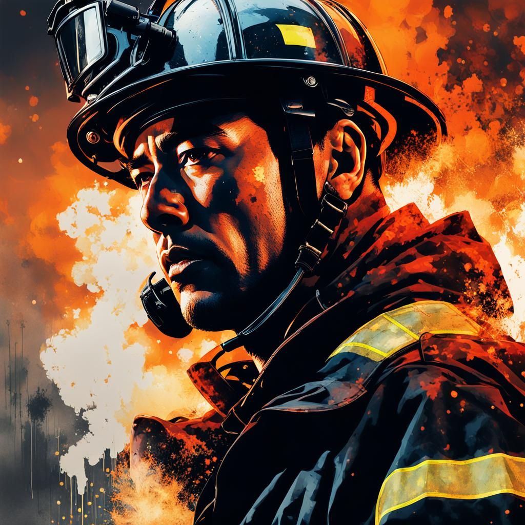 Double Exposure Firefighter Portrait with Ink Splatter