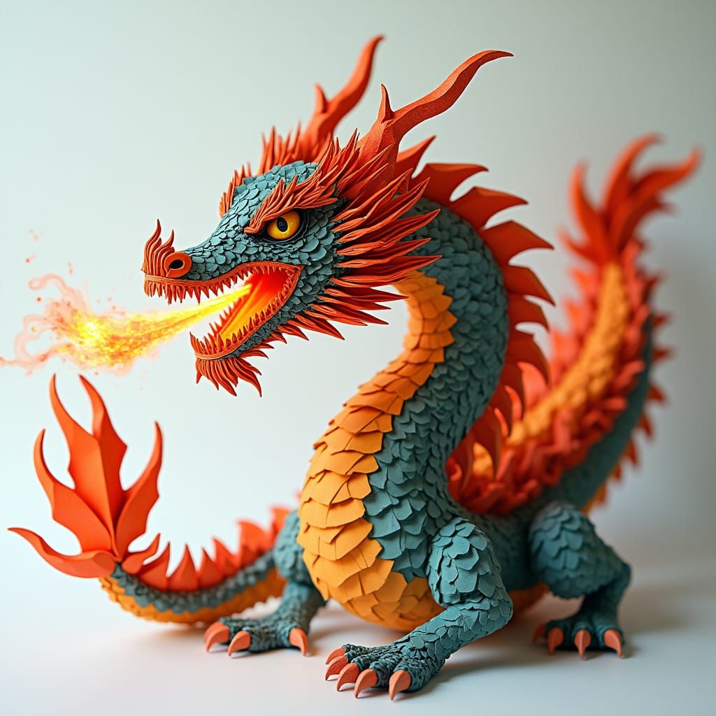 Origami Dragon Unleashing Fire Breath in Dreamy Style