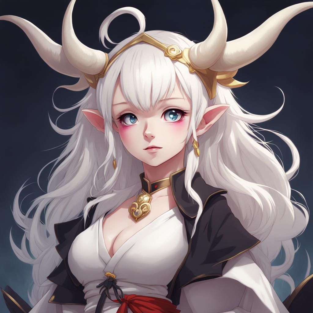Albino Imp Girl with White Horns in Anime Style