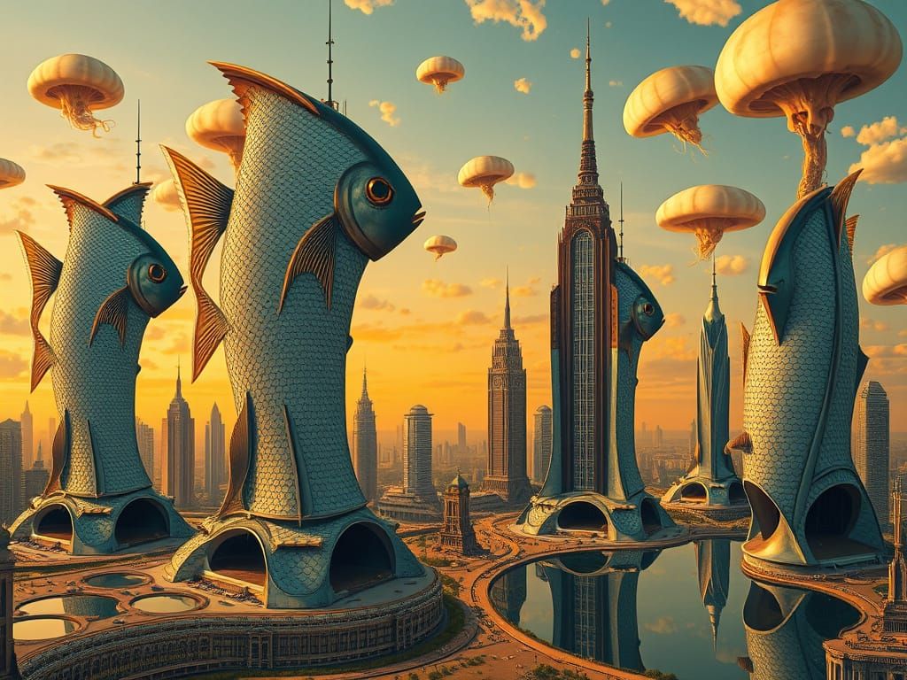 Surreal Cityscape in Dalí's Style with Fish-Skyscrapers and ...