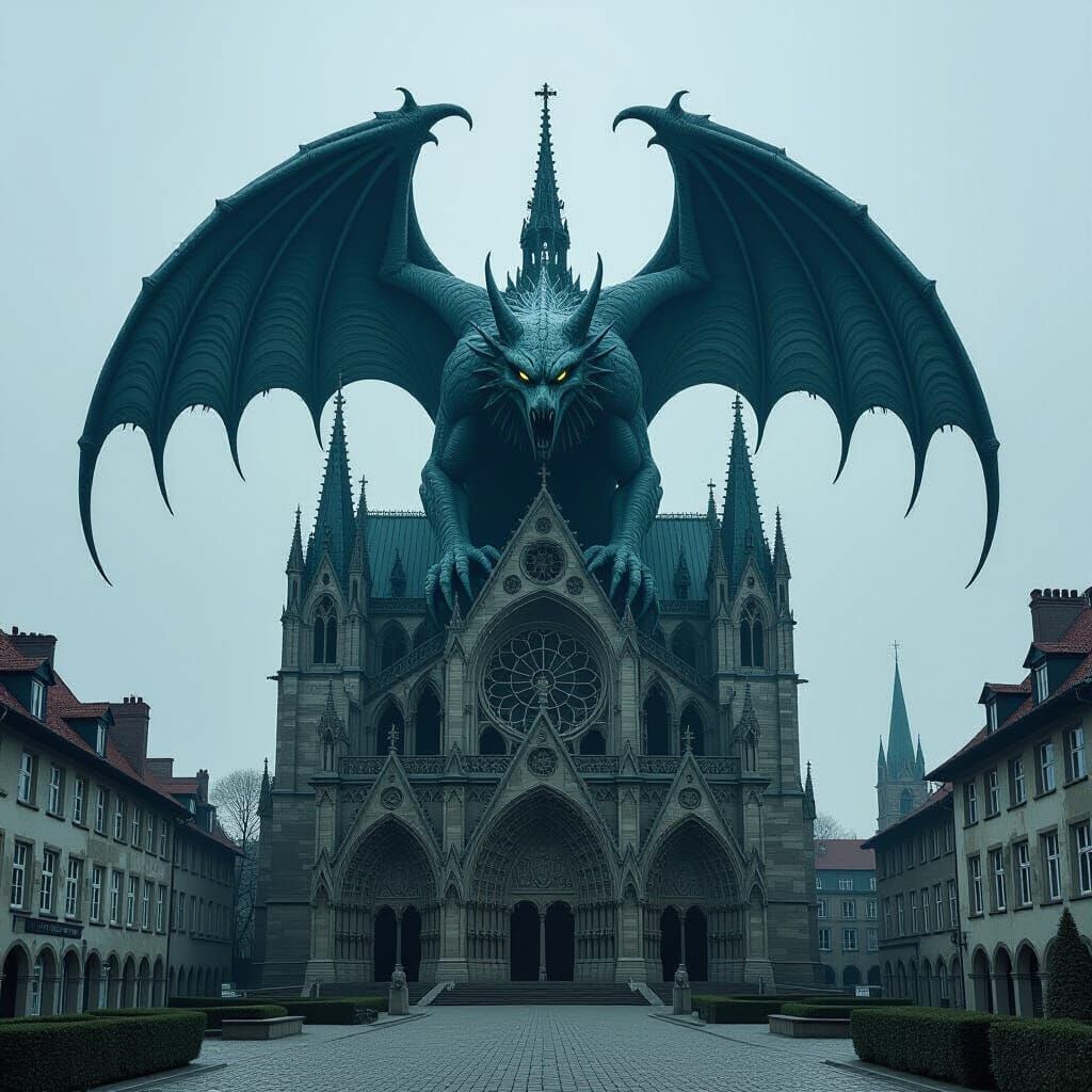 Terrifying Gargoyle on Gothic Church in Biomechanical Style