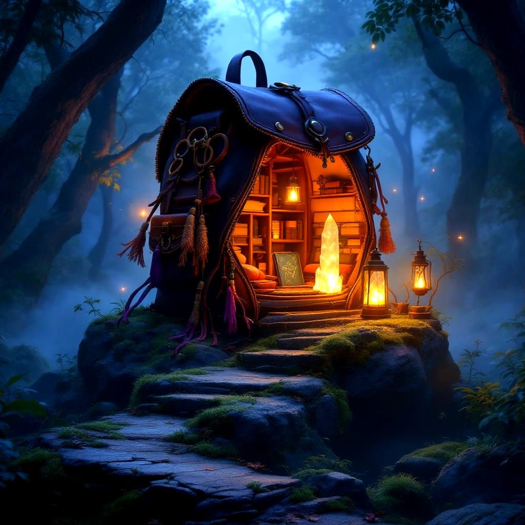 Whimsical Fantasy Library Amidst a Magical Backpack
