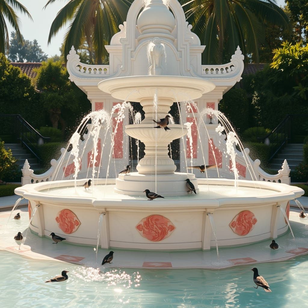 Thai Garden Fountain with Birds in Hyperrealism