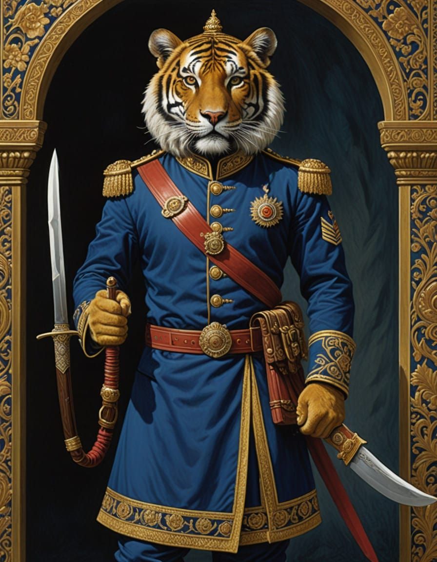 Regal Tiger in Maharaja's Guard Attire, Wearing Khukuri