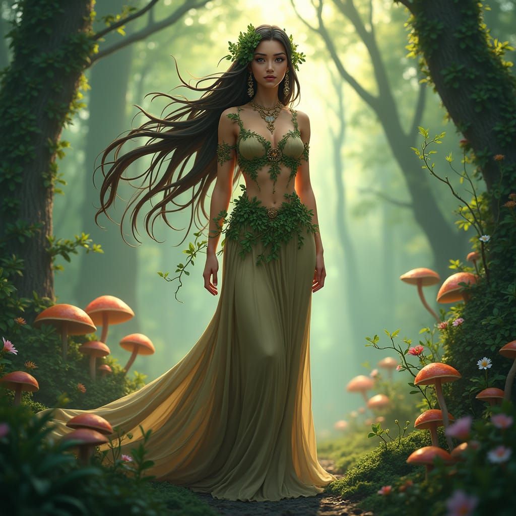 Seductive Goddess of Nature in Vibrant Forest