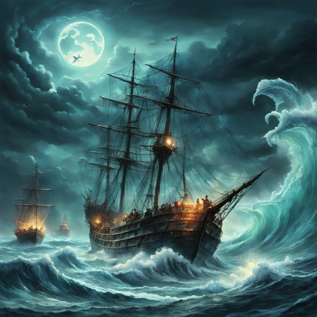 Mystical Sirens Emerge from Turbulent Waters in a Glimmering...