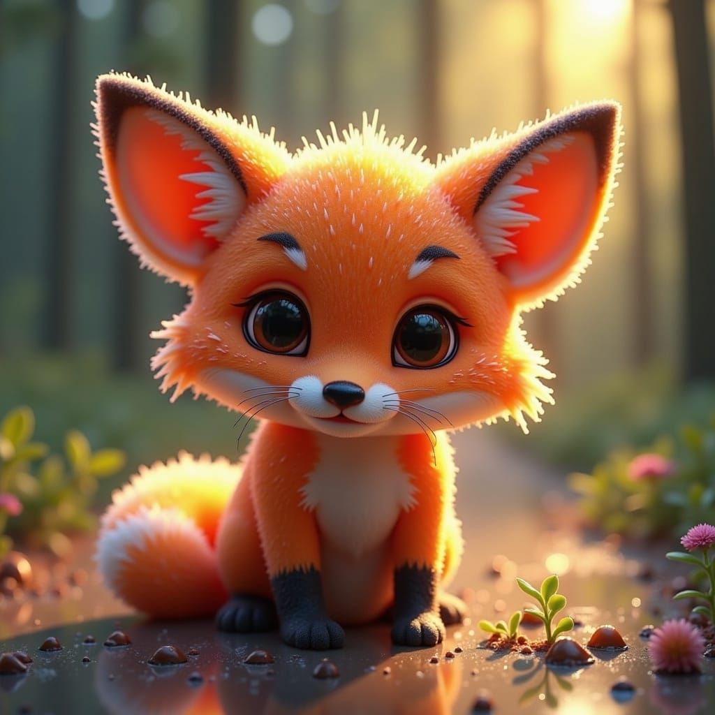 <lora:Gummy World:1.0> Adorable, sweet new baby fox with big eyes, laughing at the early morning dew drops on strands of...