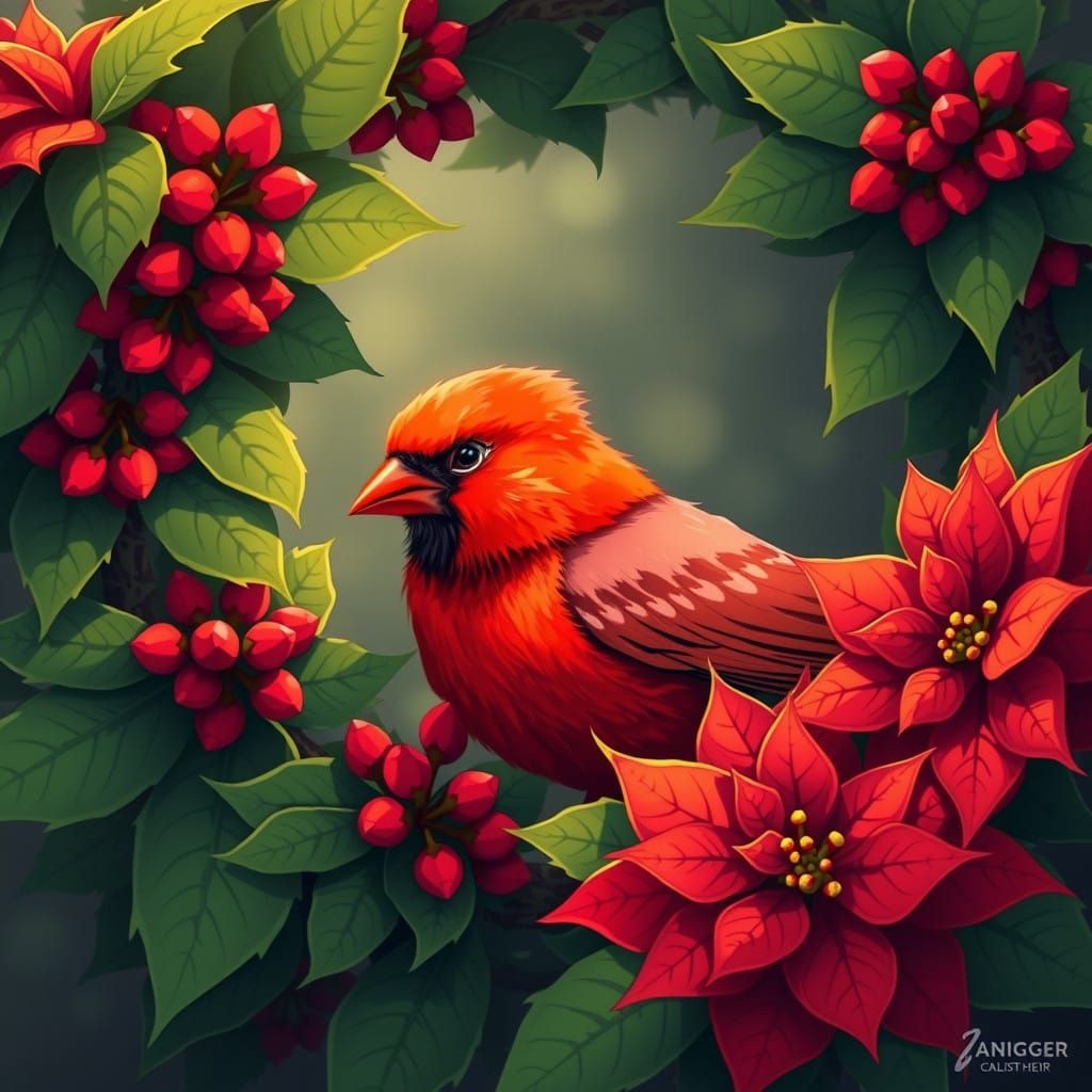 Red Cardinal in Poinsettia Christmas Wreath Anime Art