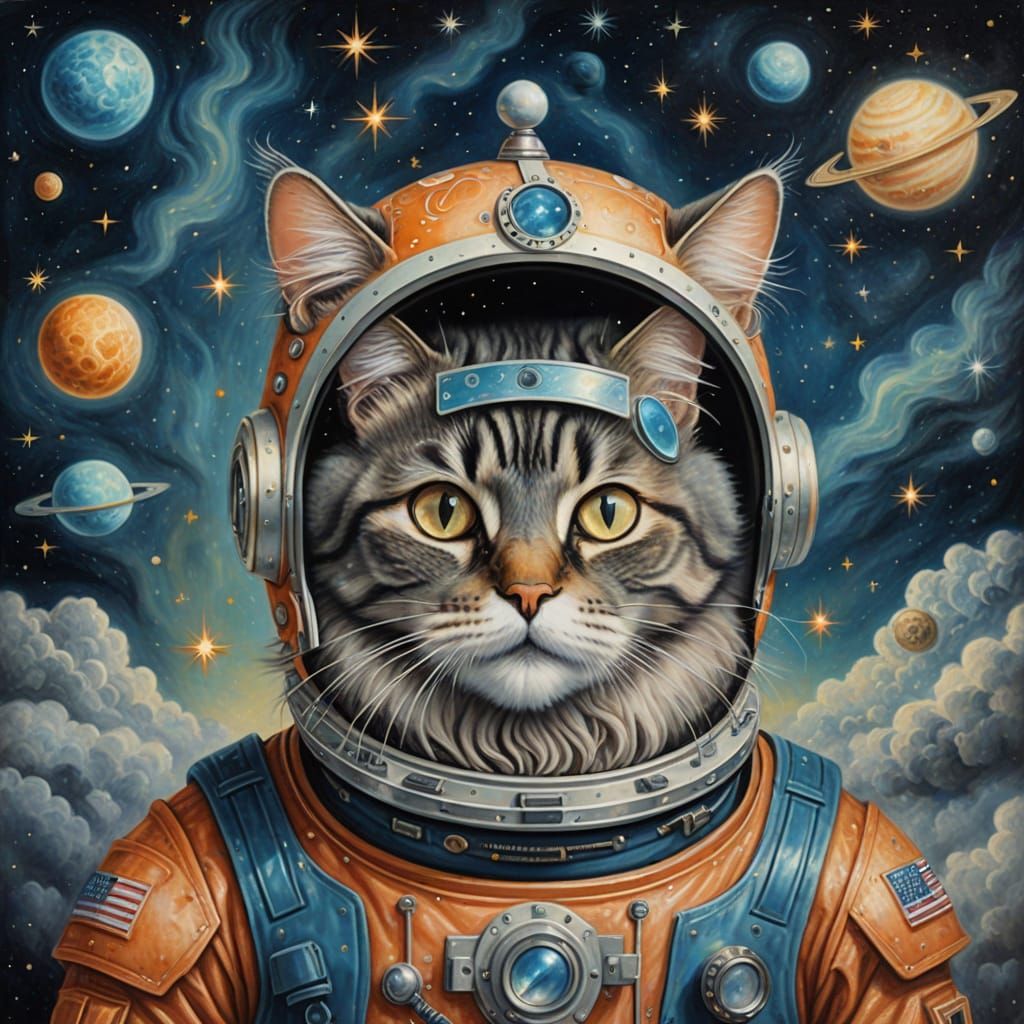Whimsical Cat Astronaut in Nebula Oil Painting