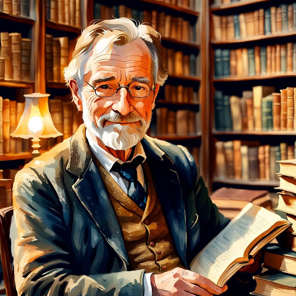 Watercolor Portrait of a Kind Gentleman in Library