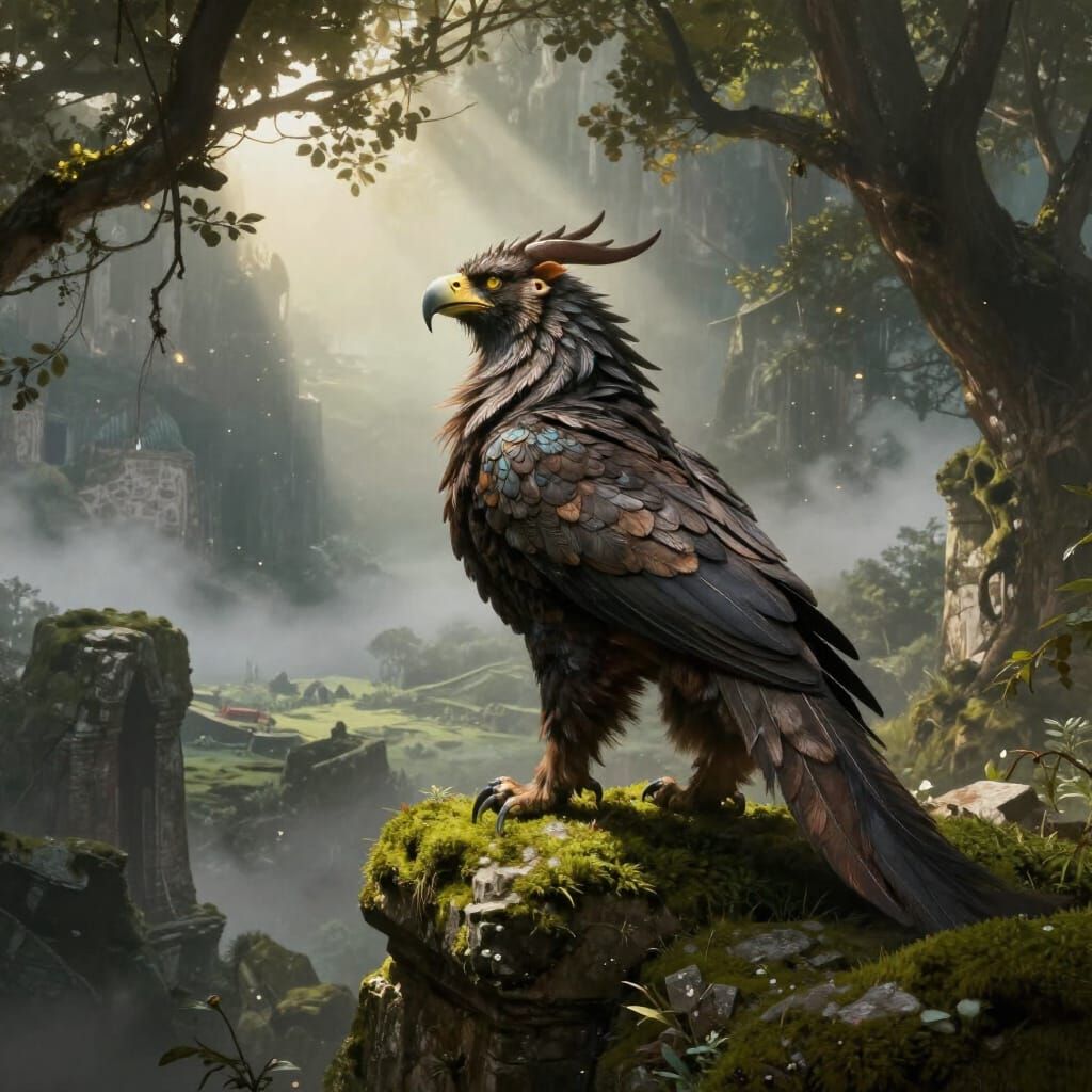 Majestic Griffin Over Misty Valley in Epic Fantasy Style