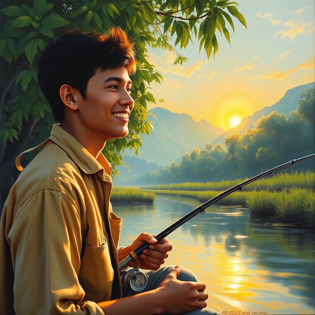 Young Fisherman in Serene Countryside Landscape