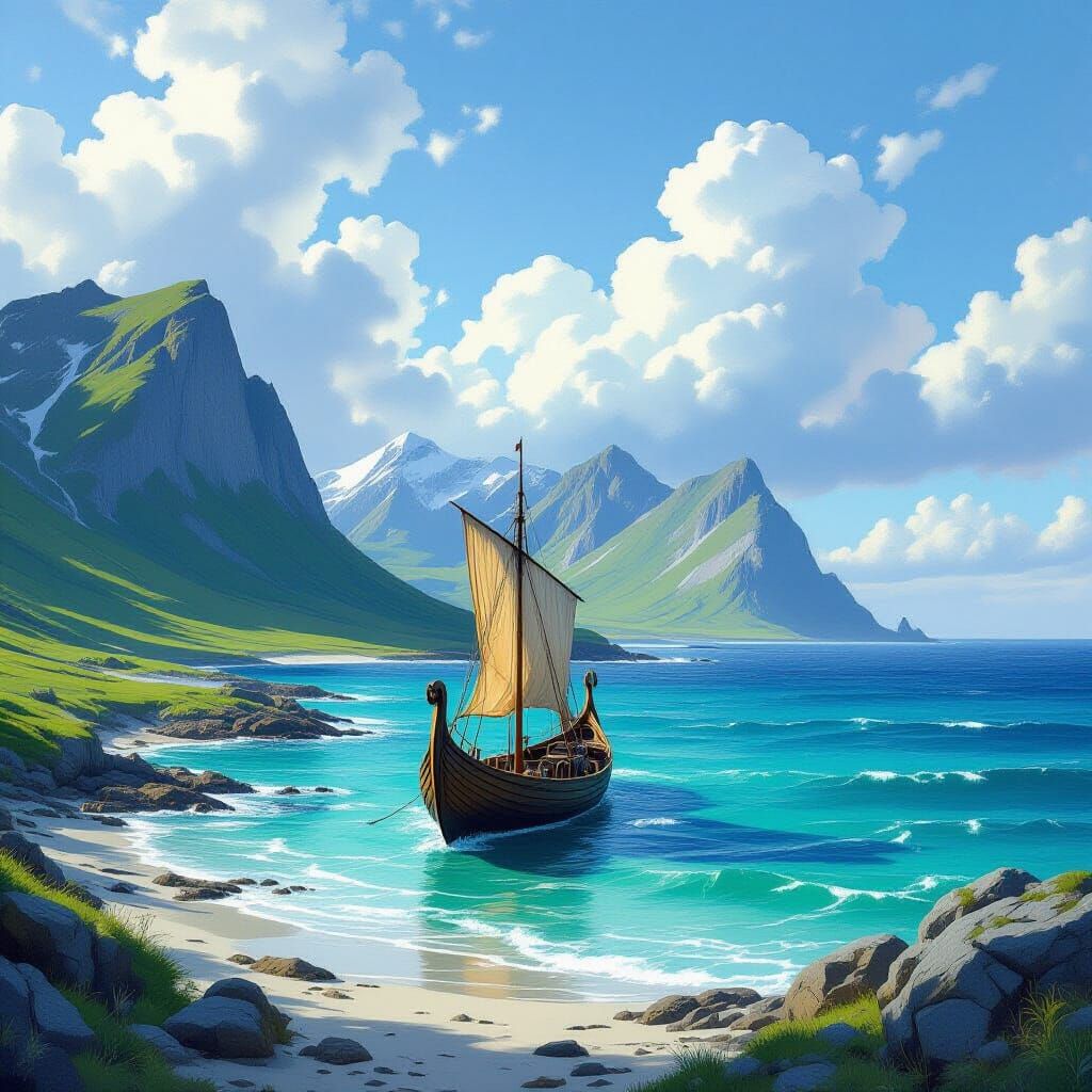 Viking Longship Approaches Norwegian Island Shore