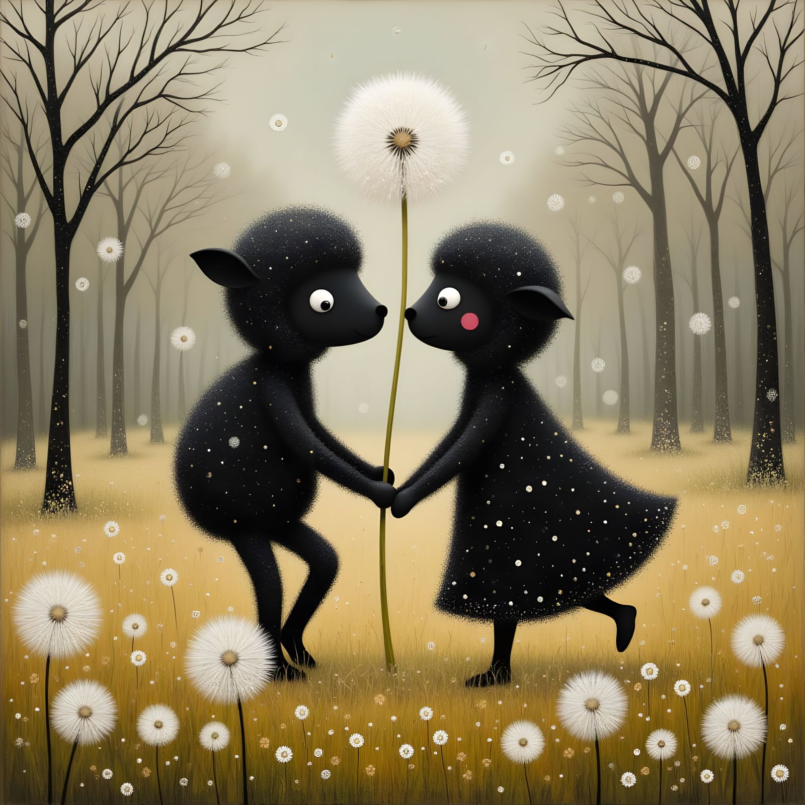 Surreal Whimsical Portrait of a Dreamy Black Sheep Couple