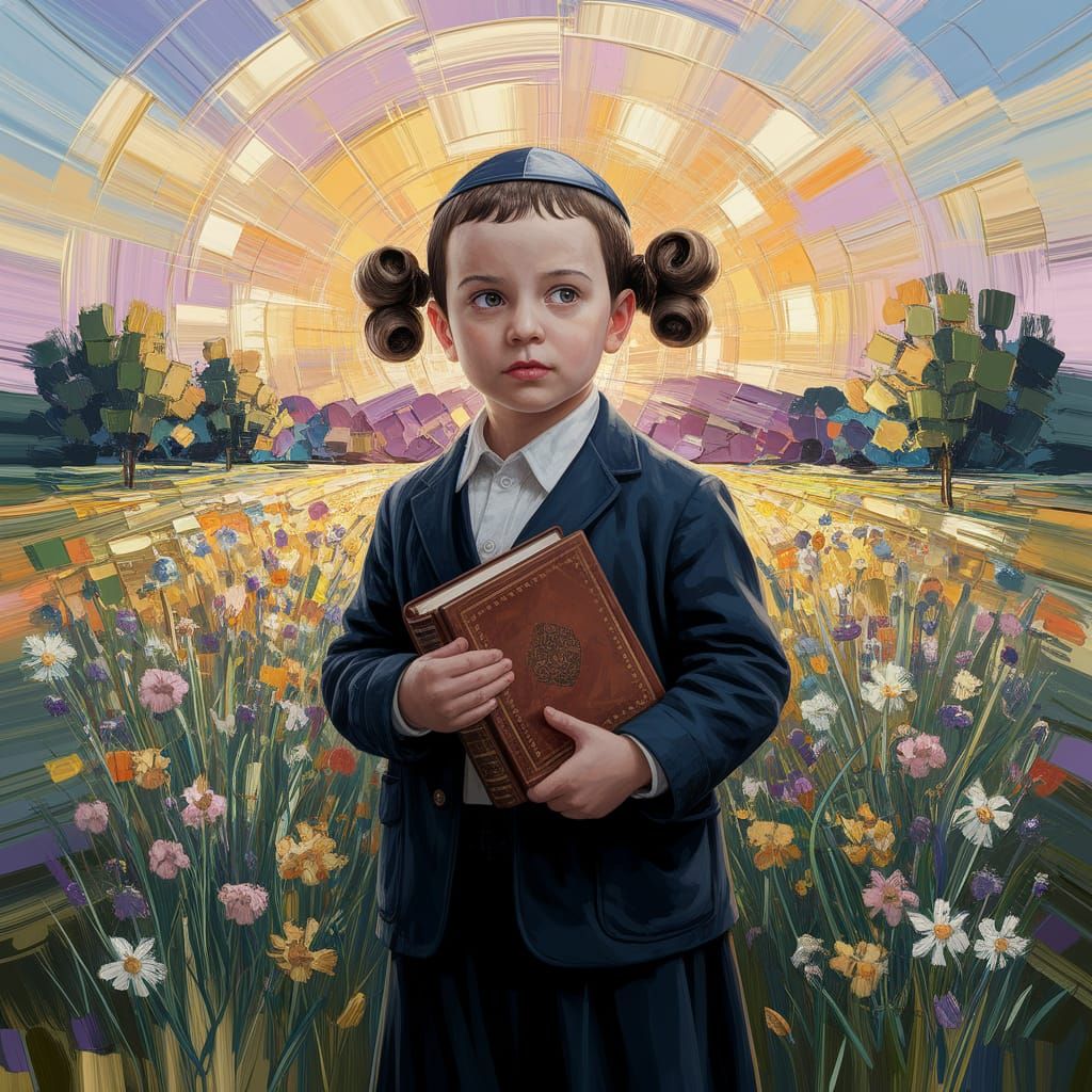 Hasidic Boy in Wildflowers, Impressionistic Style