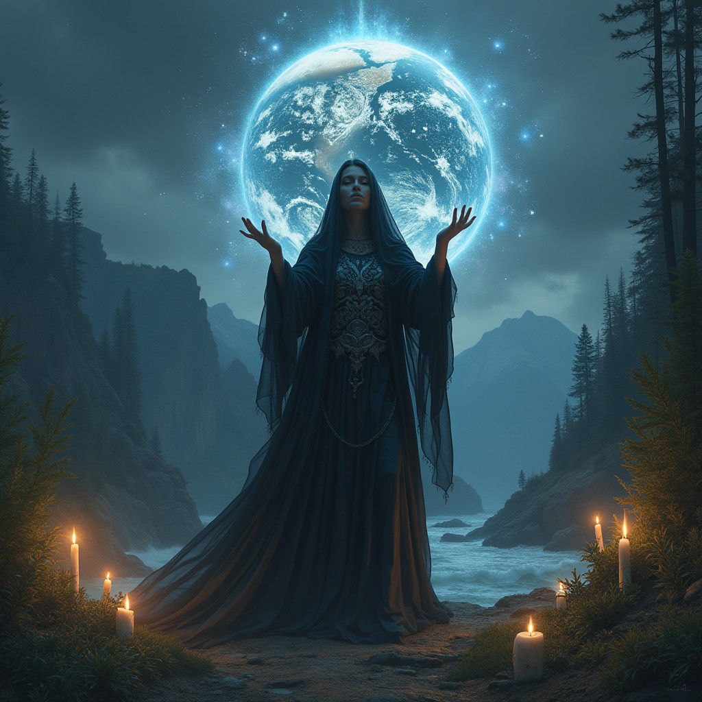 Witch Casts Spell on Earth in Mystical Surrealism