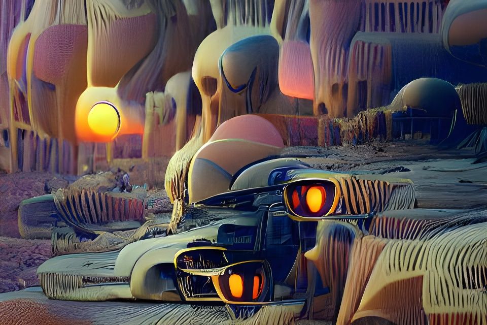 Futuristic Biomechanical Humanoid in Desert Sunset
