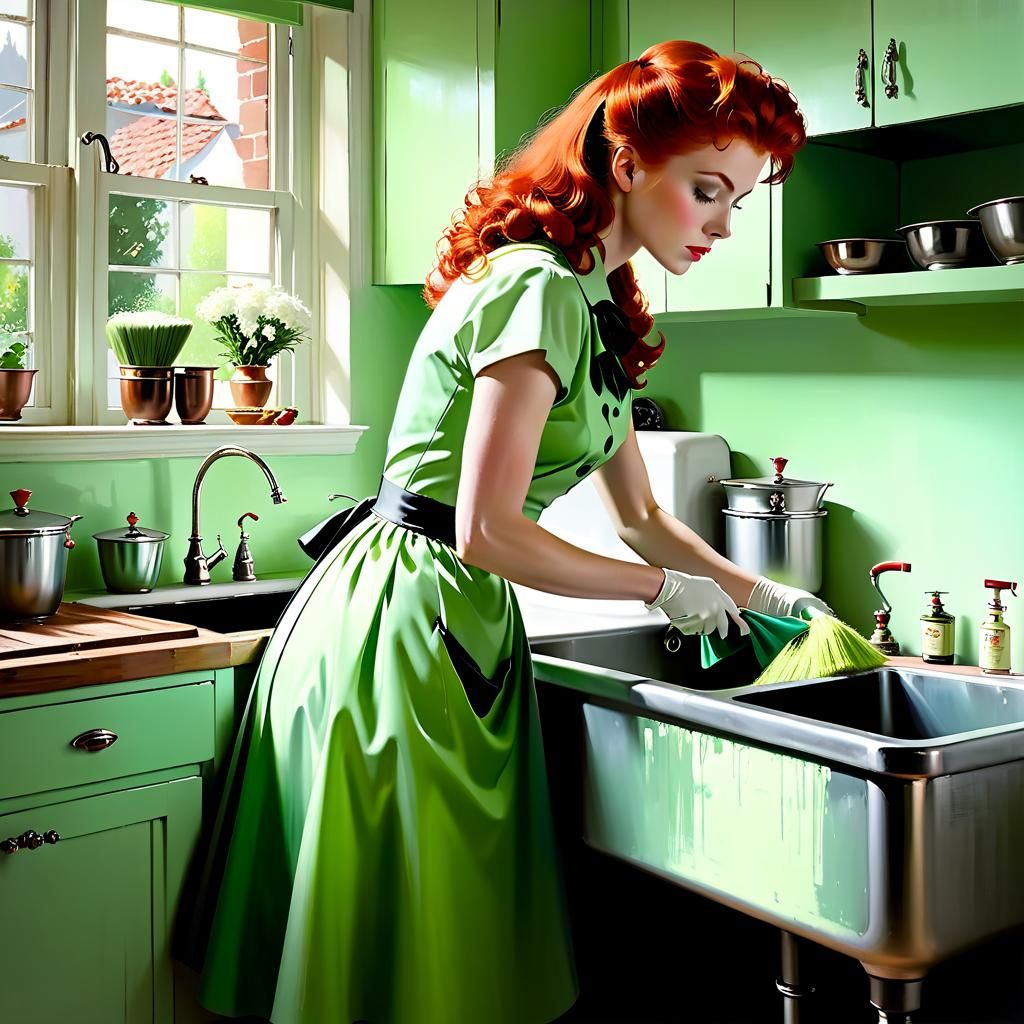 1950s Woman Cleans in Hypermodern Kitchen as Oil Painting