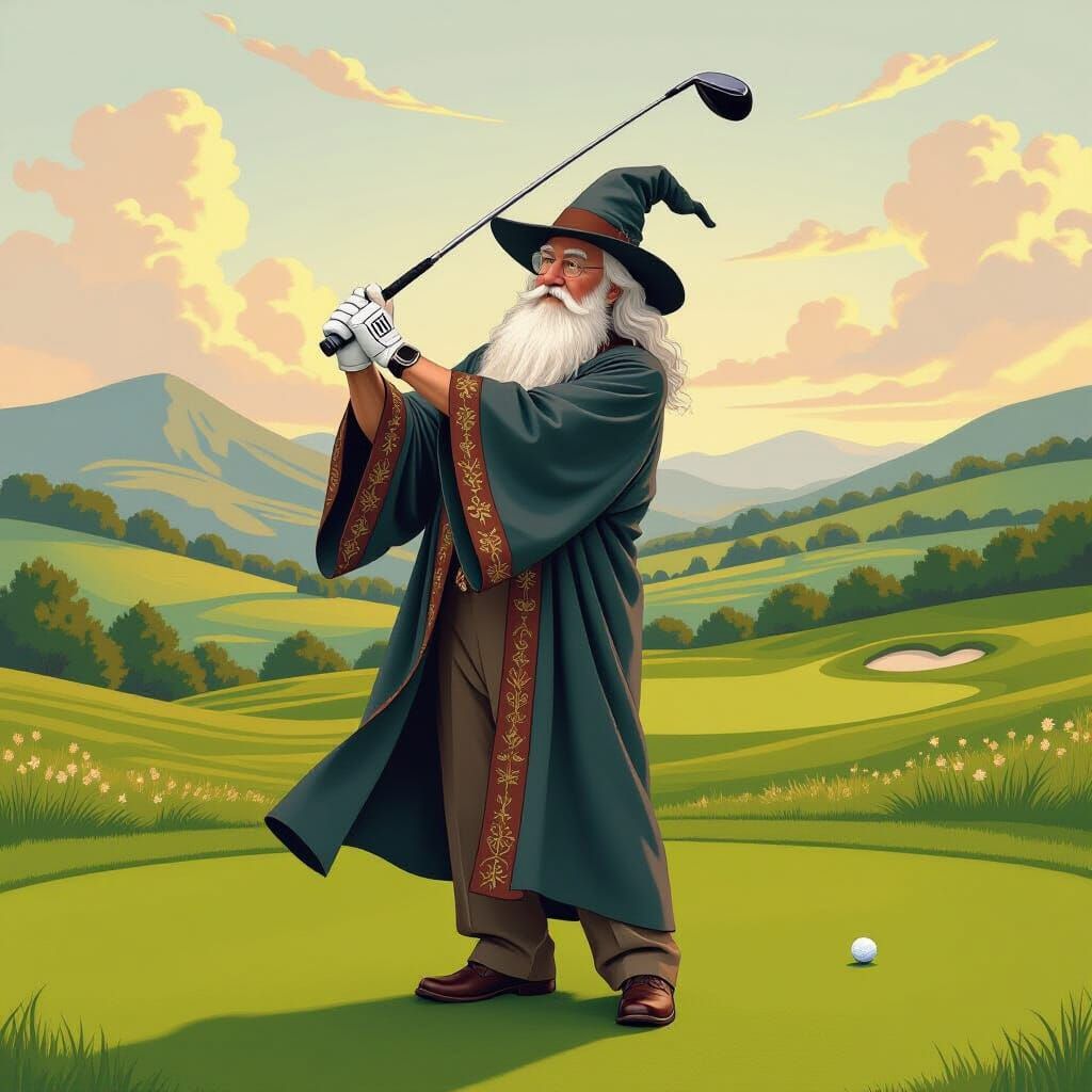 Wizard Golfing on a Lush Green Course