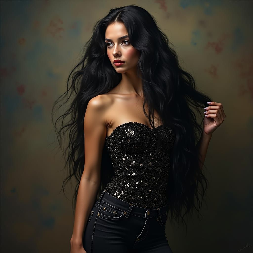Model with Long Black Hair in Digital Matte Painting