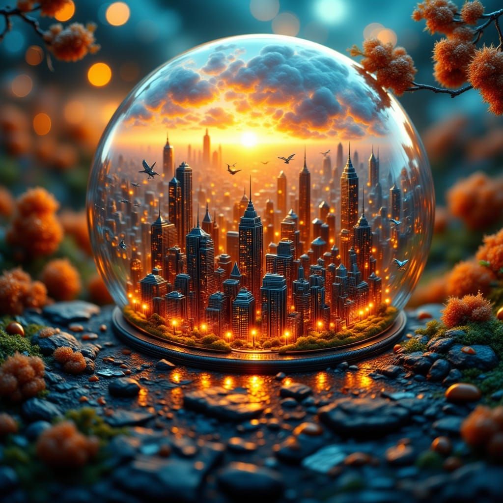 City Diorama in Dome with Twilight Sunset Lighting