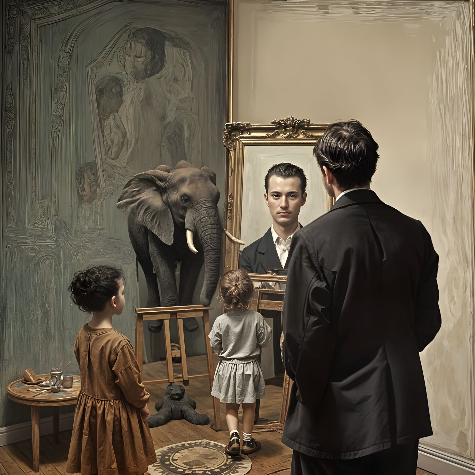 Artist Paints Self-Portrait with Elephant and Children in Eg...