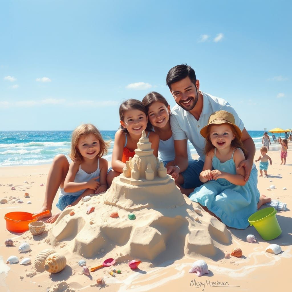 Idyllic Beach Scene with Loving Family Building Sandcastles