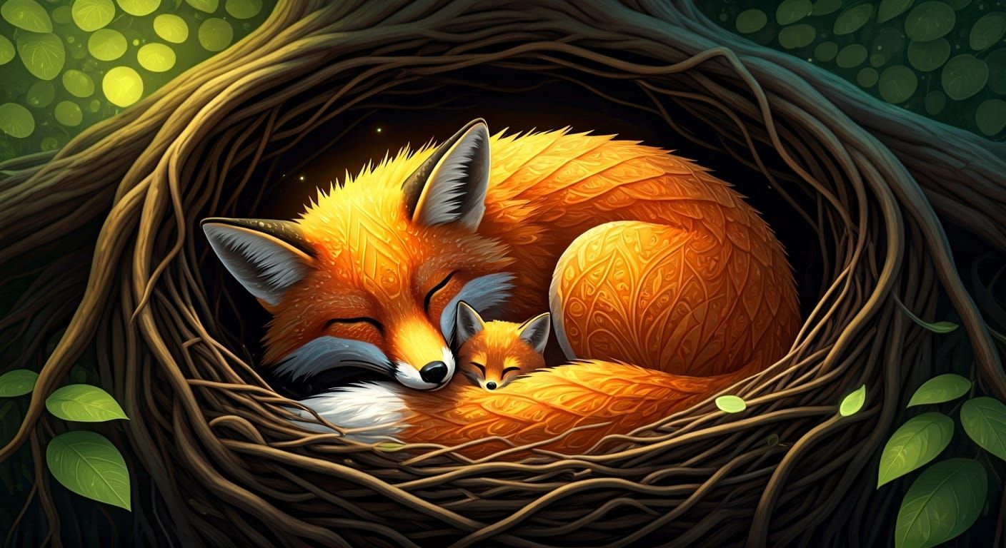 Animated Zentangle Fox Family in Forest Nest