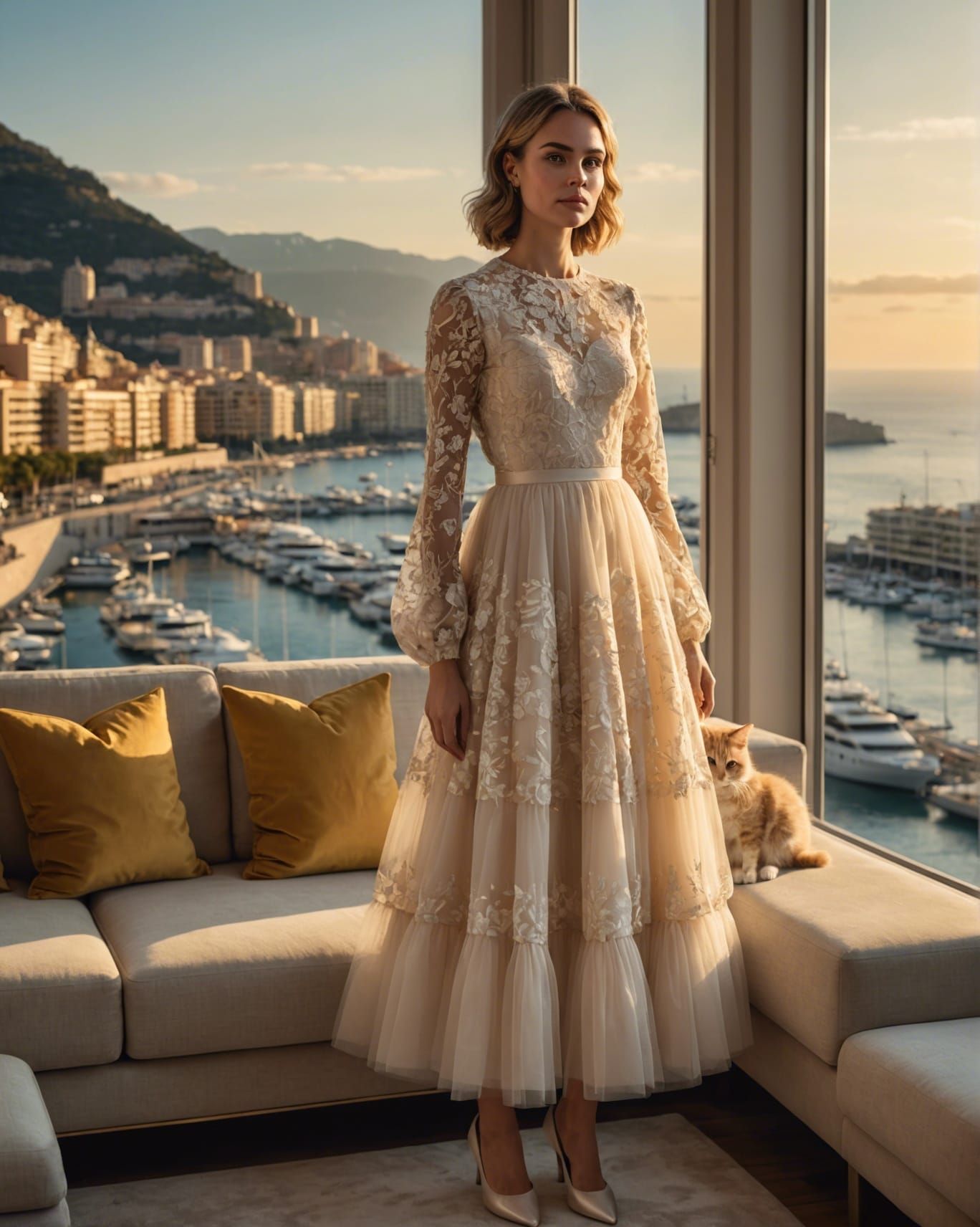Woman in Tulle Dress Watching Monaco Sunset