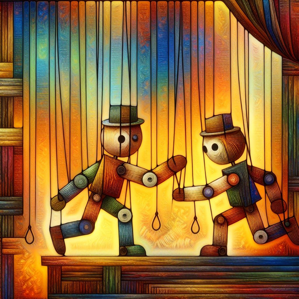 16k resolution, art by Tony Sarg and Alexander Calder. A whimsical string puppet made out of string lending a helping ha...