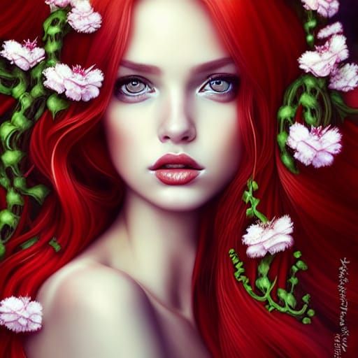 Romantic Princess with Red Hair and Carnations