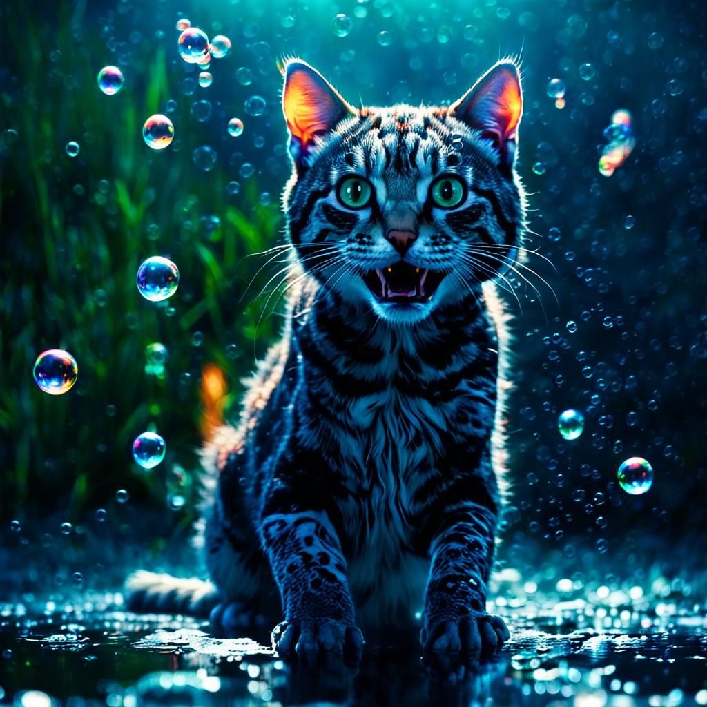 Cinematic Fire Kitty Playing with Water Bubbles