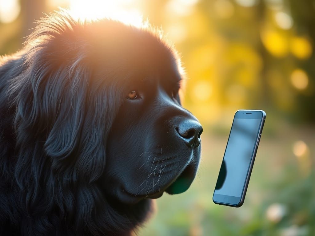Newfoundland Dog Gazes at Android Phone