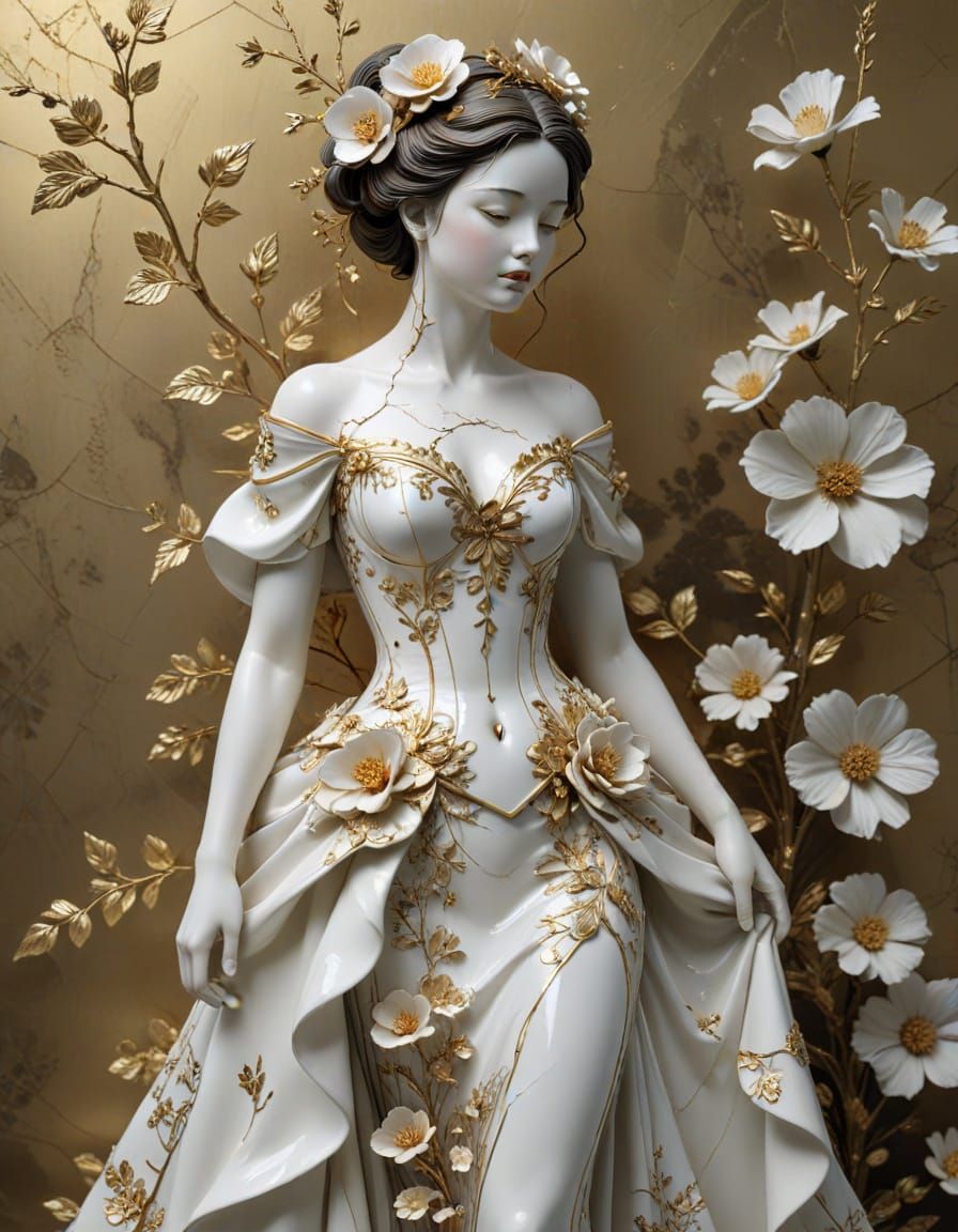 Hyper Realistic Porcelain Sculpture of Elegant Woman in Flow...