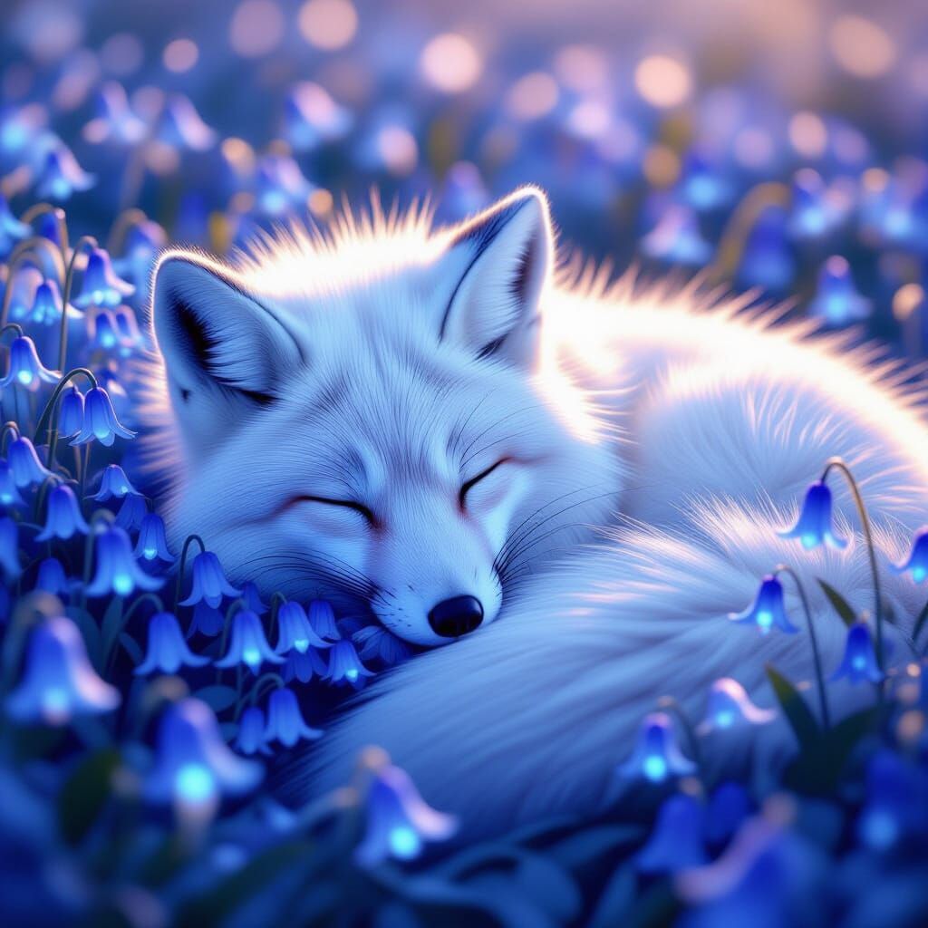Arctic Fox Sleeps in Bioluminescent Bluebell Field