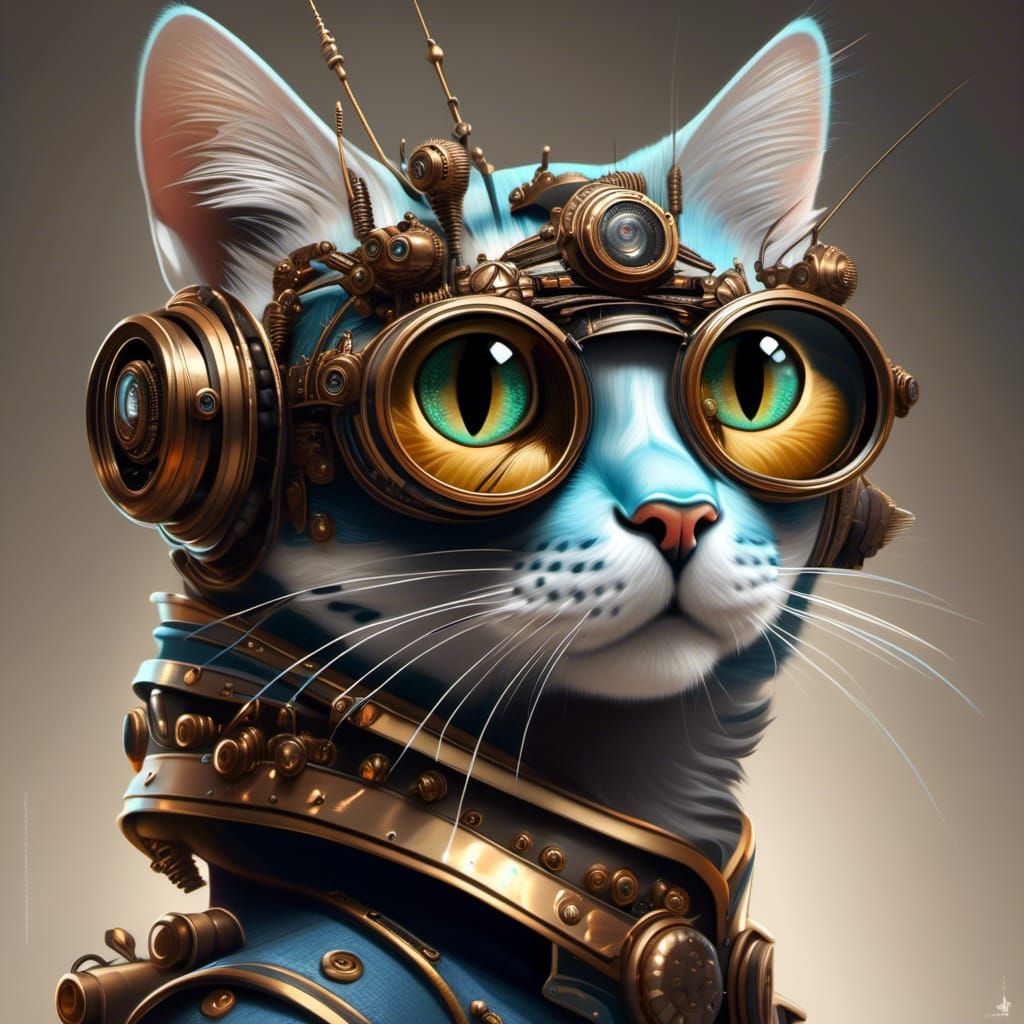 Armored Steampunk Cat with Glasses: Intricate Mechanical Por...