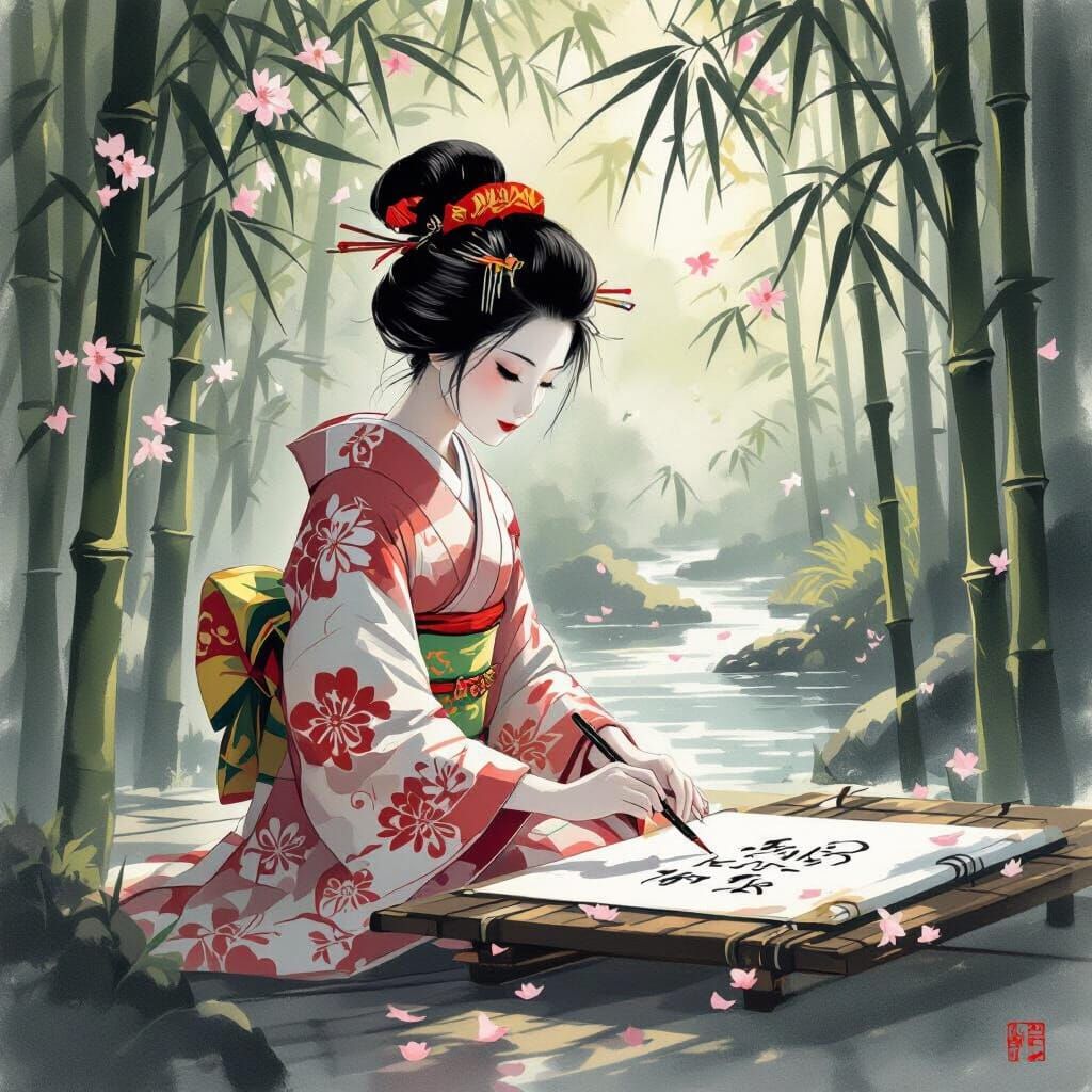 Geisha Practices Calligraphy in Bamboo Garden: Sumi-e Style