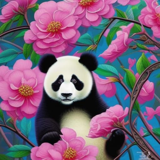 Panda bear pink flowers