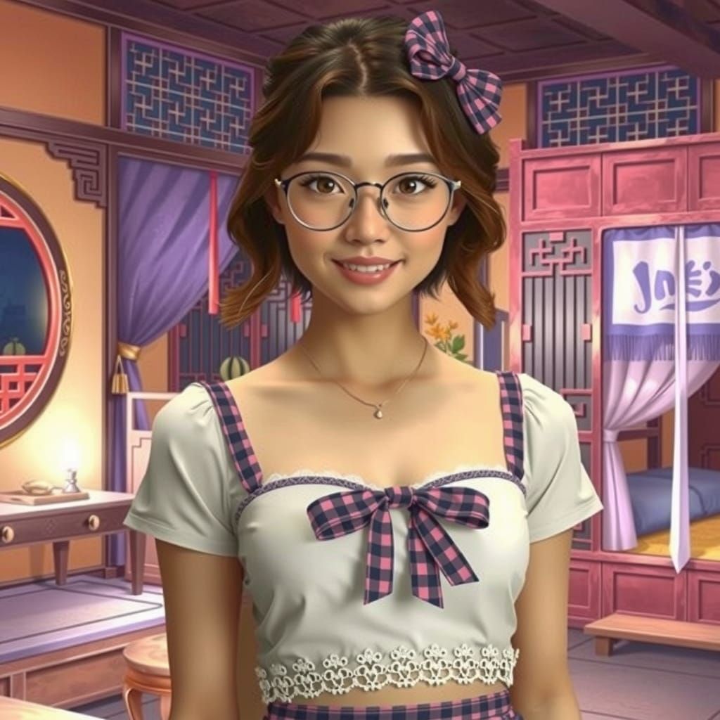 Stylized Young Woman in Traditional Chinese-Inspired Room