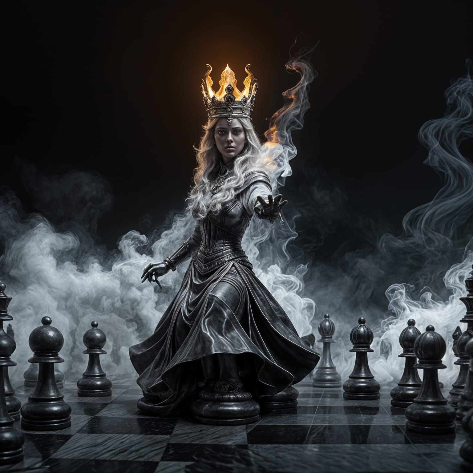Ashy Black Marble Chess Queen in Battle