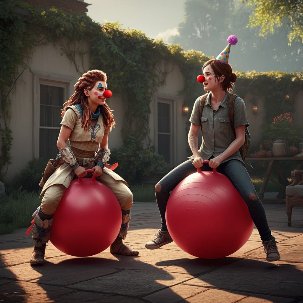 Aloy and Ellie as Clowns in Hyper-Realistic Detail