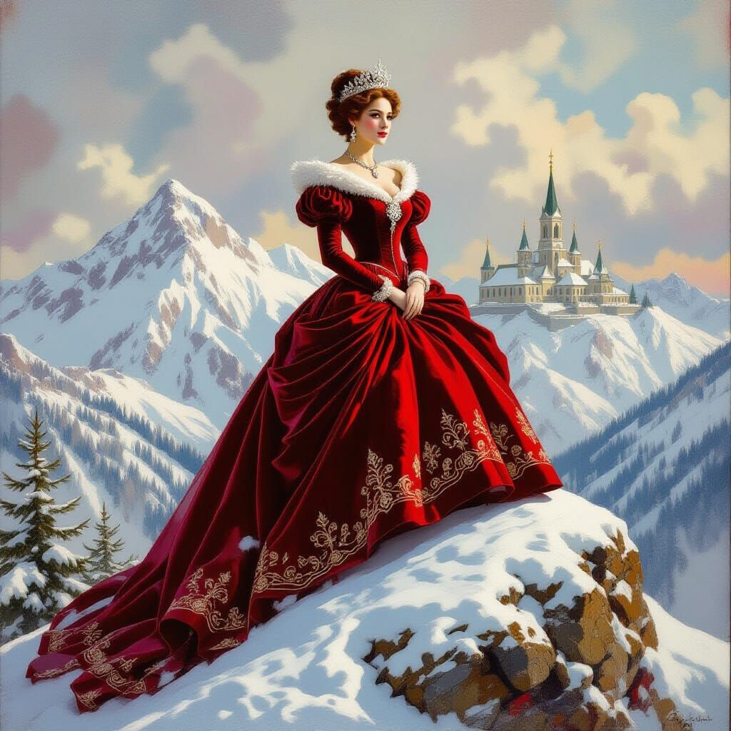 Regal Queen on Snow Mountain, Classical Painting Style